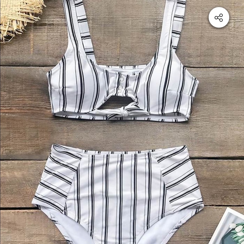 NAVY AND WHITE VERTICAL STRIPE HIGH-WAIST BIKINI